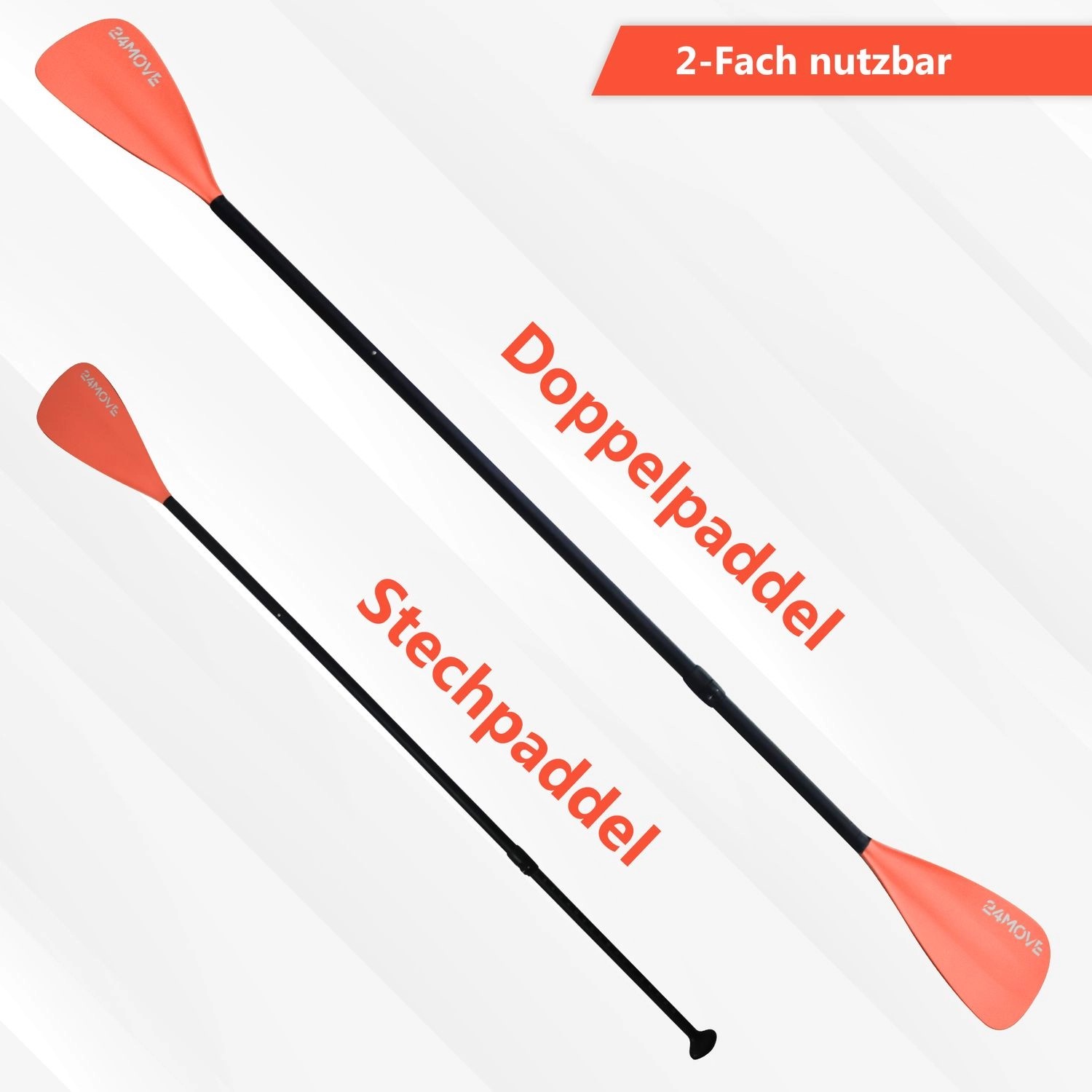 24MOVE 2in1 Paddel: SUP Stechpaddel und Kajak Doppelpaddel, rot.