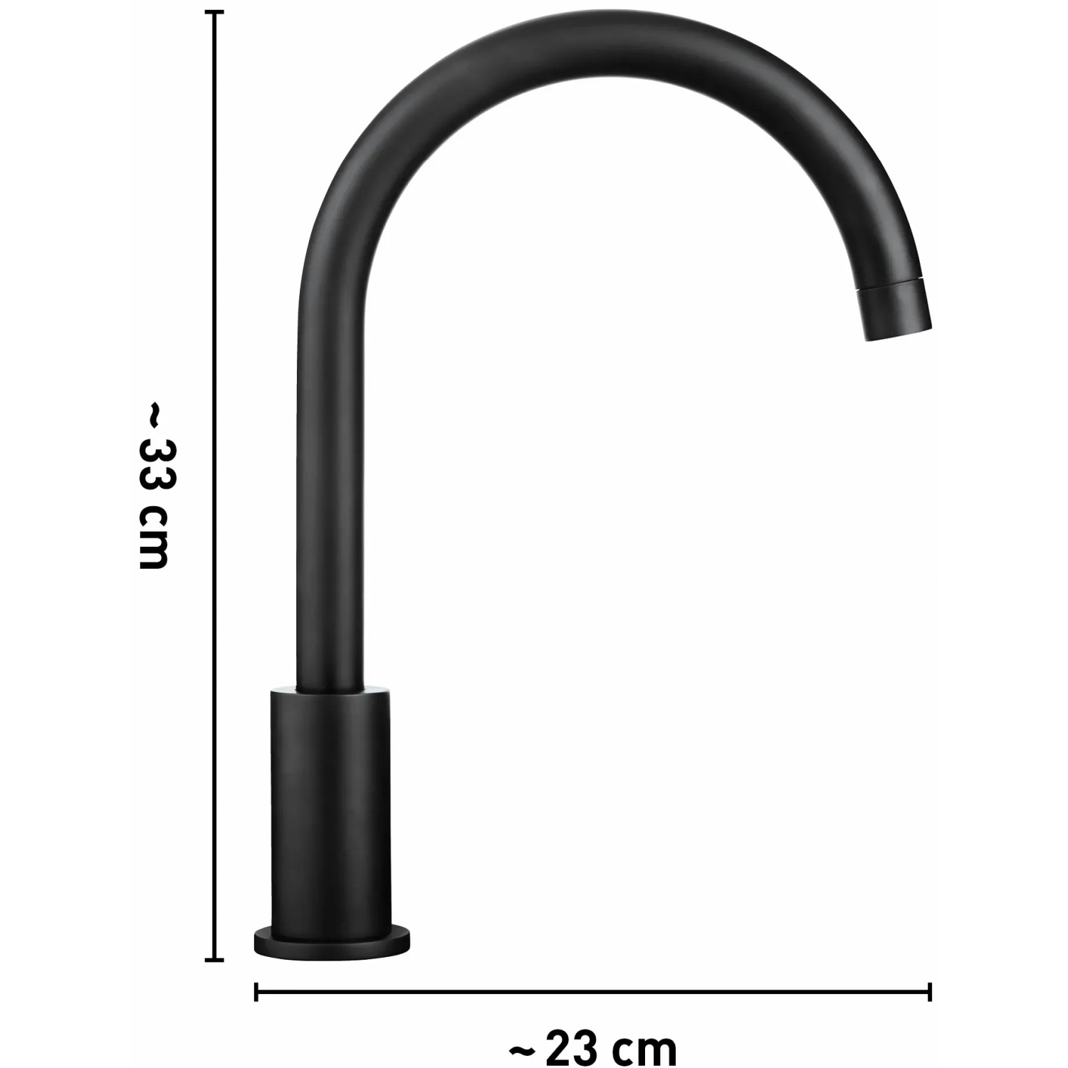 Schwarze baliv Küchenarmatur KI-1031 Einhebelmischer mit hohem, gebogenem Auslauf und Maßangaben.