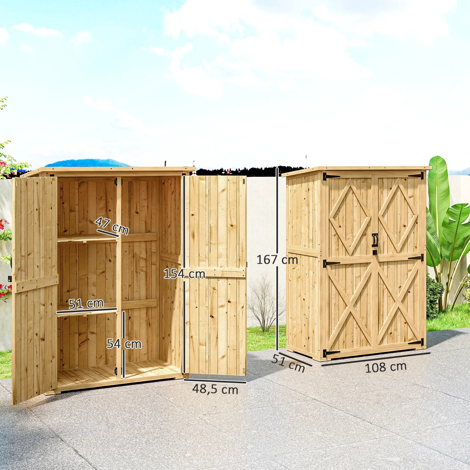 Outsunny Gartenschrank aus Tannenholz, naturbelassen, mit Regalen und Doppeltür. Werkzeugschrank für Garten.