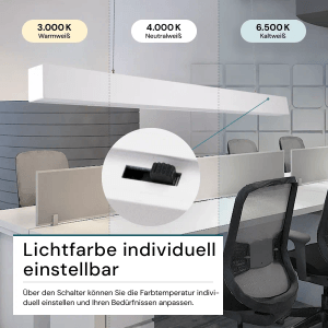 Weiße LED-Pendelleuchte LUXULA, erweiterbar, mit einstellbarer Lichtfarbe über Schalter im Büro.