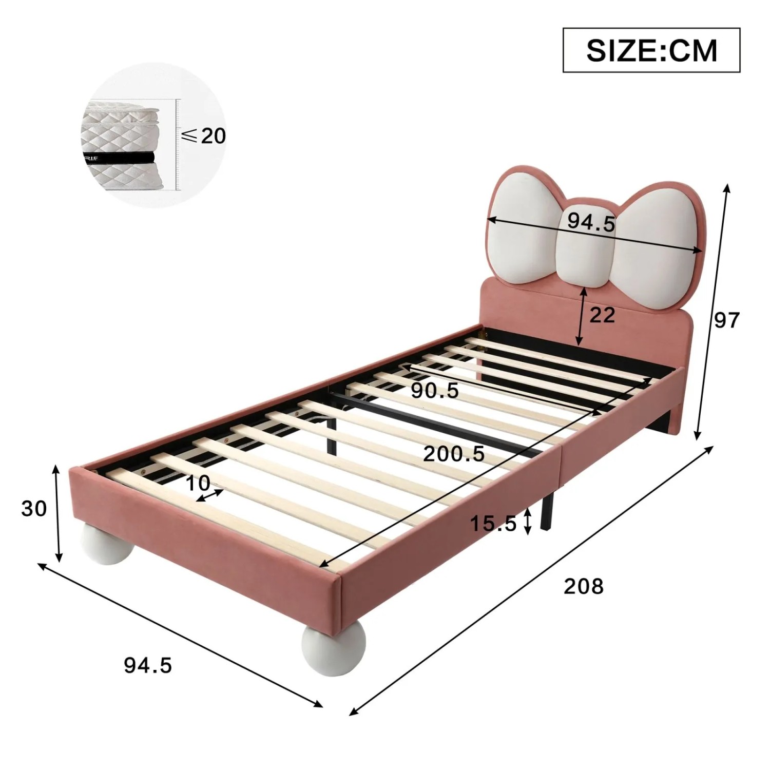 PXloue Kinderbett 90x200 Polsterbett mit LED Fliege-Kopfteil Samt Beige-Rosa_4