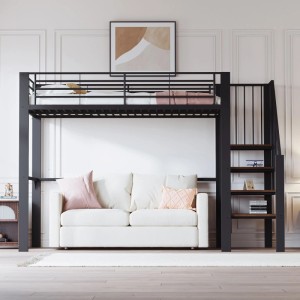 Schwarzes Metall-Hochbett 90x200cm mit Treppe und Stauraum darunter. Robustes Bett für Kinder und Erwachsene.