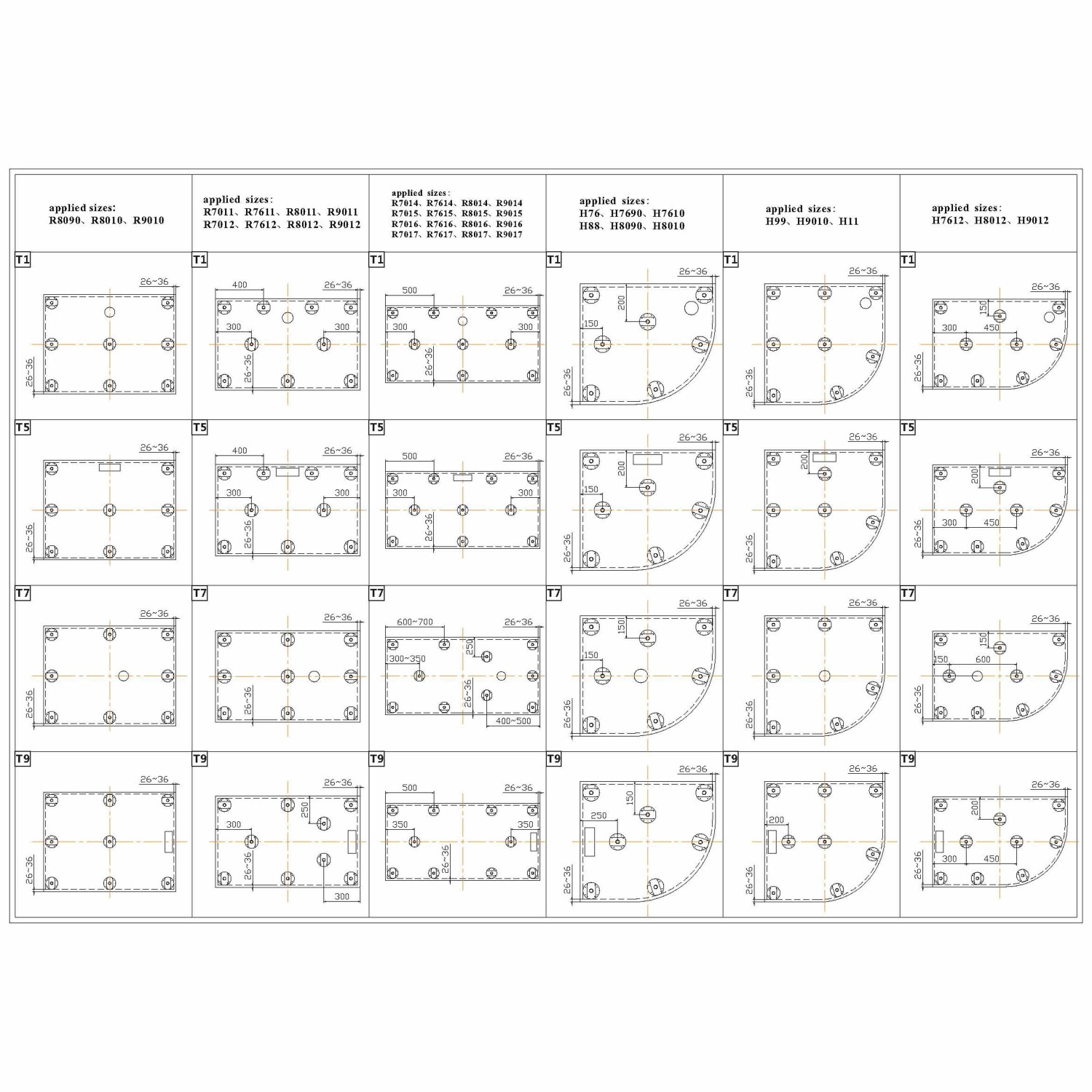 Technische Zeichnung: AICA Viertelkreis Runddusche Set – Maße und Details für Duschwanne 90x90GQ.