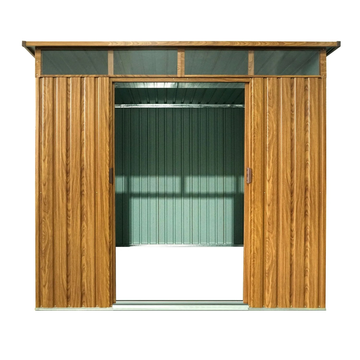 Pergart Gerätehaus Lübeck 88 in Holzoptik mit Schiebetüren und Lichtband.