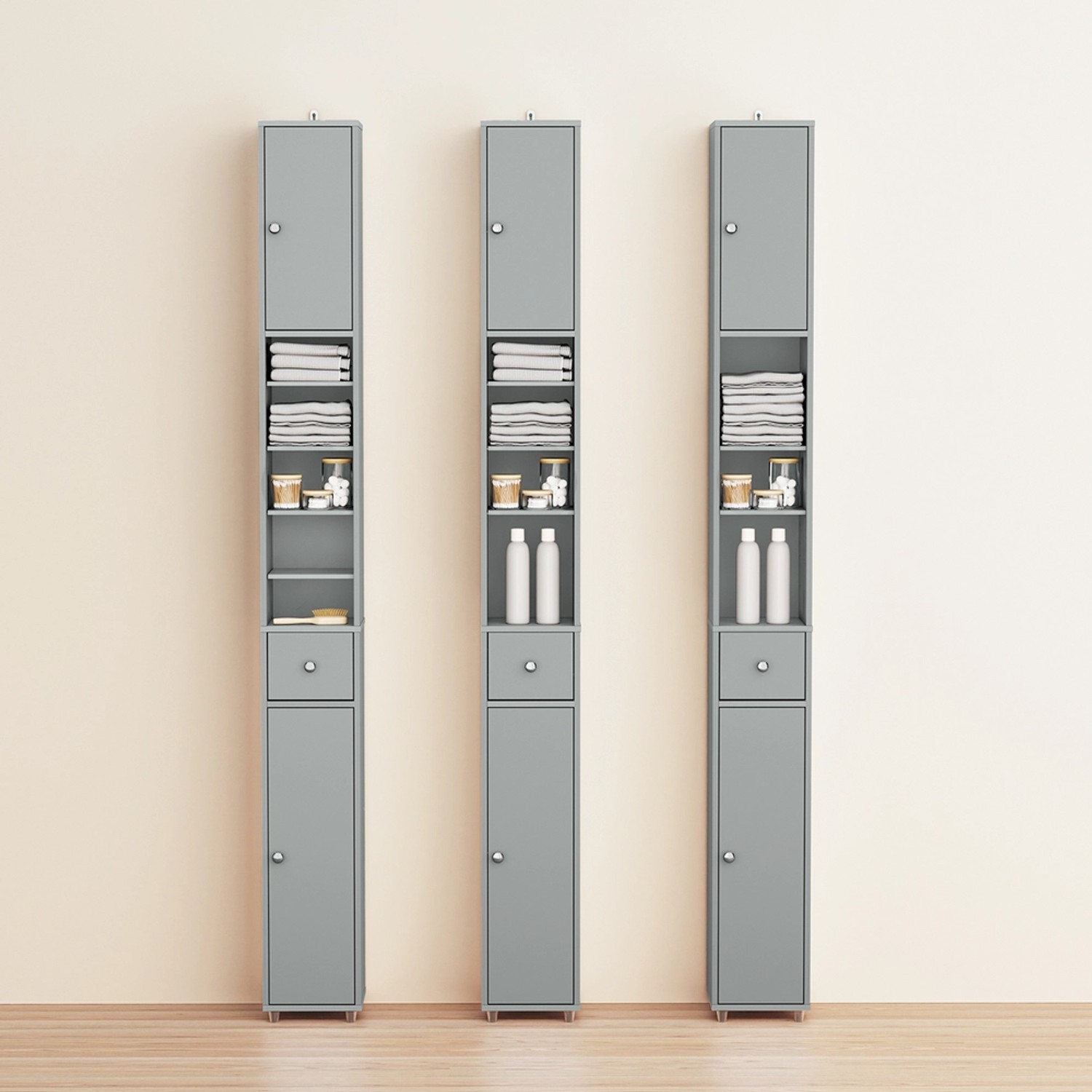 SoBuy Badmöbel-Set: Grauer Hochschrank mit 6 Böden, Schublade und Türen, 20x180x20cm.