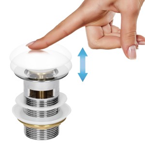 ML-Design Ablaufgarnitur für Waschbecken, weiß/Edelstahl, mit Finger auf Keramikkappe und blauem Pfeil.