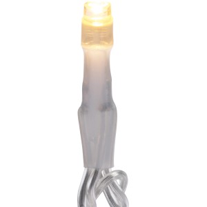 Detailaufnahme: Warmweiße LED einer transparenten Lichterkette für den Außenbereich.