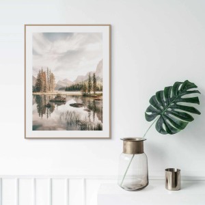 Gerahmtes Bild Bergsee (40x30 cm) in Beige für Wohnzimmer, stimmungsvolle Wanddeko.