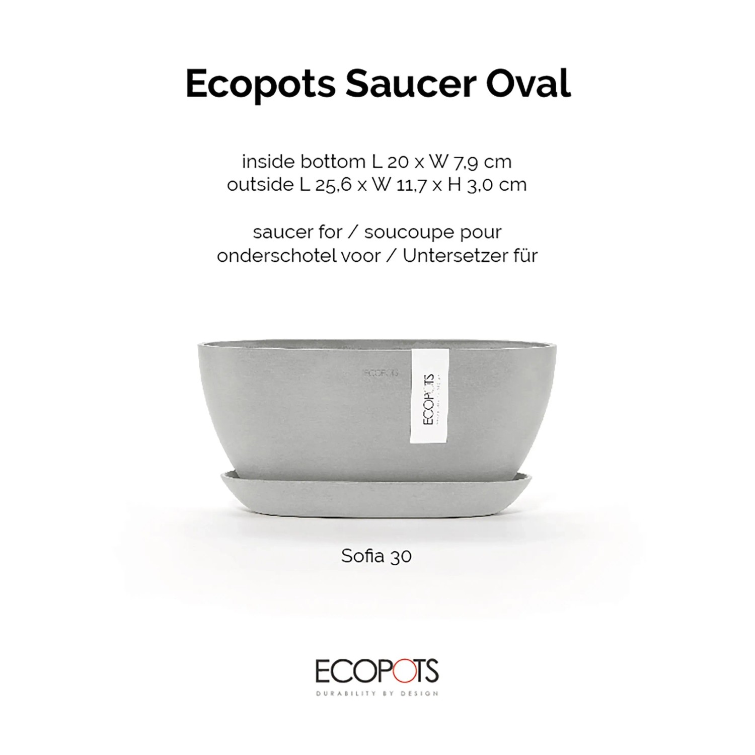 Ovaler, weißgrauer Ecopots Untersetzer Sofia, 26 cm, für Innen- und Außenbereich.