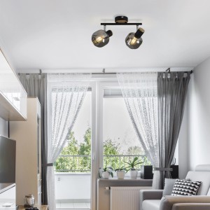 Näve Deckenleuchte Fumoso 2er Spot, schwarze Deckenlampe mit zwei getönten Glasschirmen im Wohnraum.