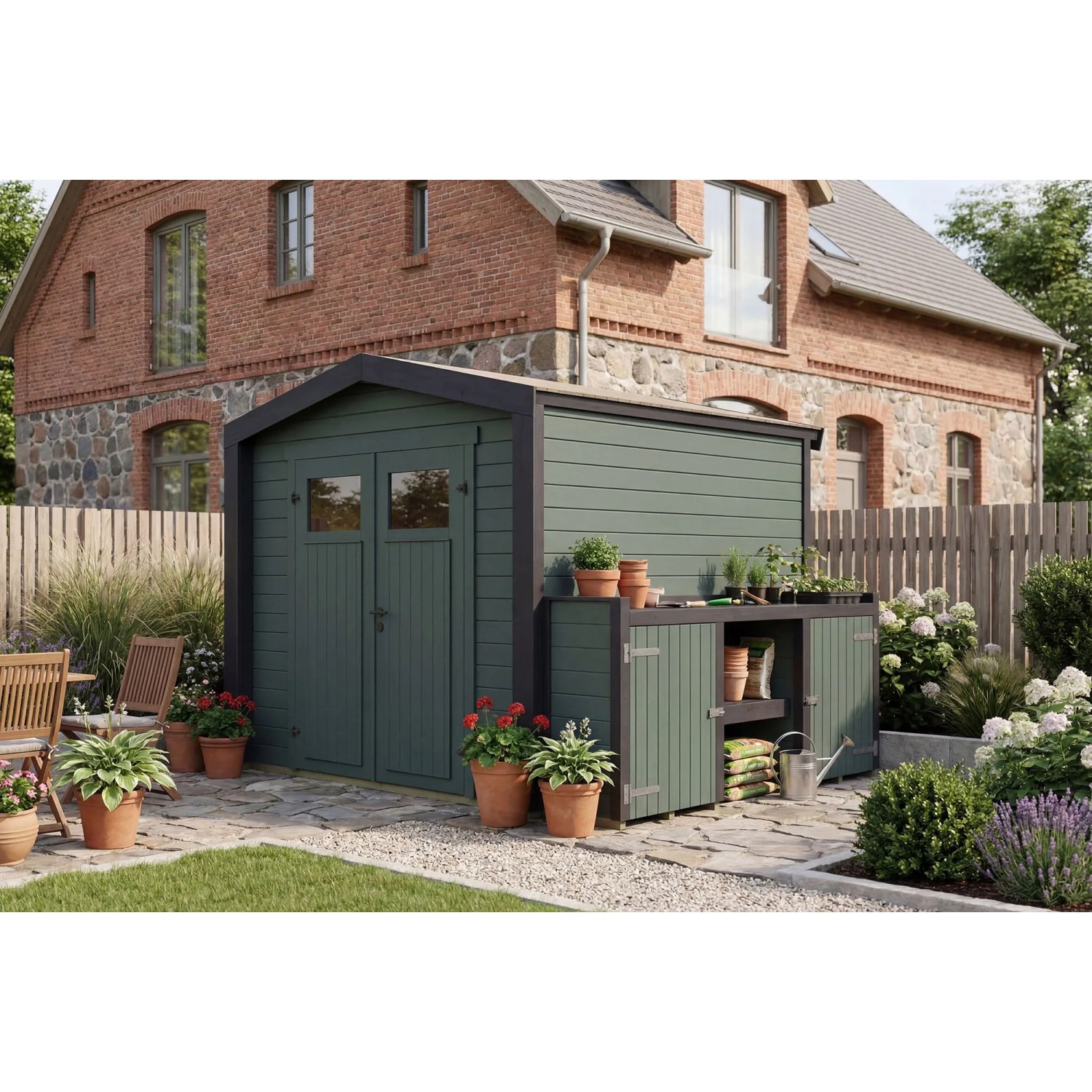 Weka Holz-Gartenhaus Killarney Satteldach Grau-Grün Lasiert 294 cm x 248 cm
