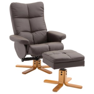 Brauner Relaxsessel mit verstellbarer Rückenlehne, passendem Hocker mit Stauraum und Holzfuß.