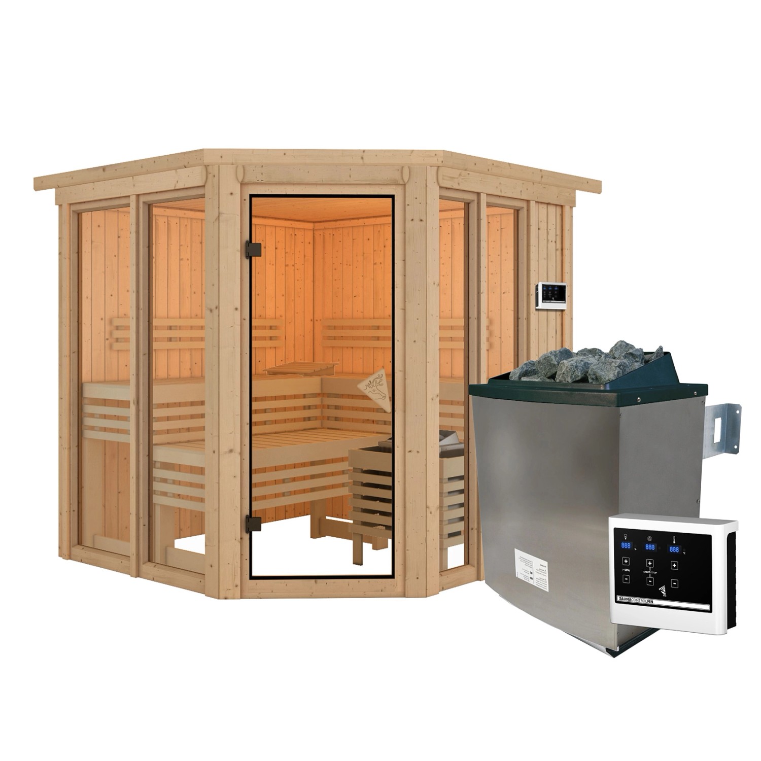 Karibu Sauna Airini mit Kranz und Ofen 9 kW Extern Naturbelassen günstig online kaufen