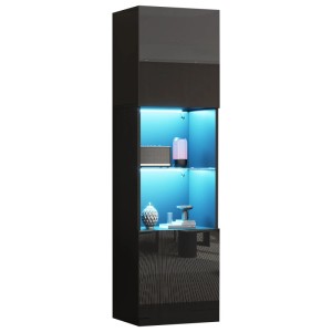 PXloue Vitrine Schwarz 45 x 35 x 160 cm Hochglanz Glasboden Hochschrank mit LED RGB  Kippsicherung