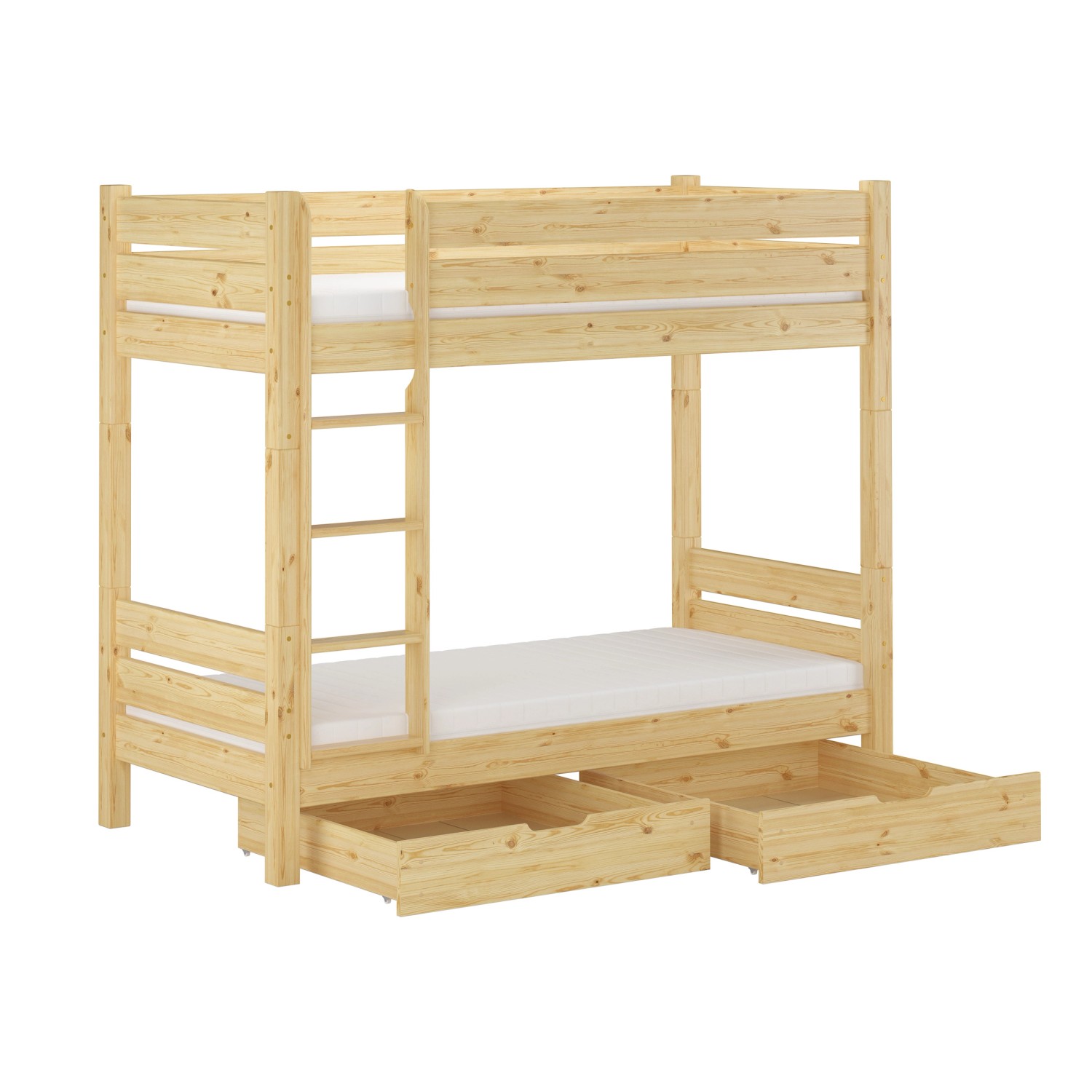 Extra stabiles Etagenbett aus Holz mit Rollrost, Bettkasten und Leiter für Jugend & Erwachsene.