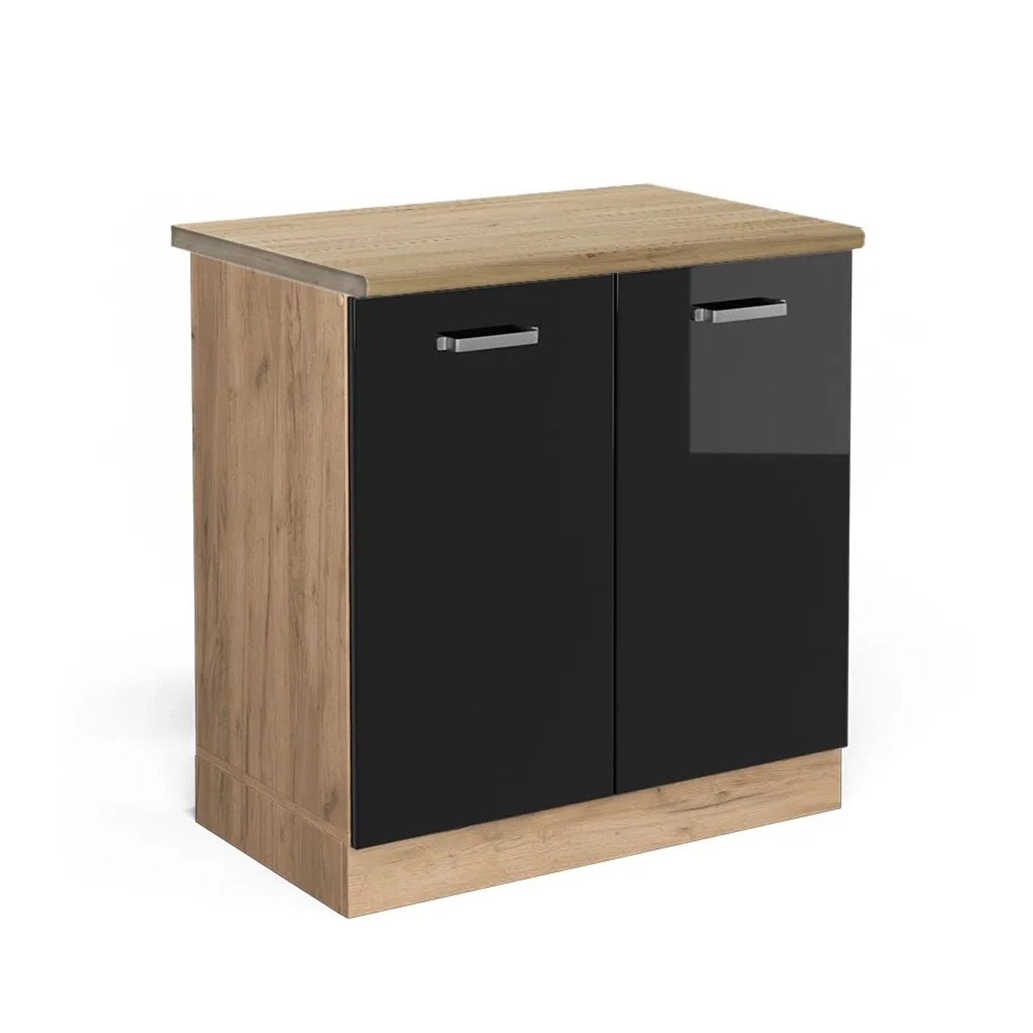 Vicco Spülenunterschrank R-Line Schwarz Hochglanz Goldkraft Eiche 80 cm AP Eiche