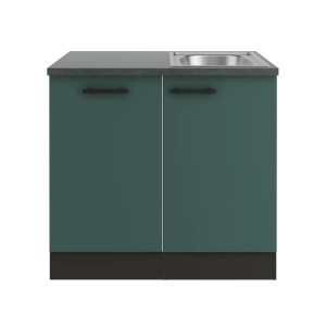 OPTIFIT Verona405 Spülenschrank-Set in Steingrün mit Edelstahlspüle und anthrazitfarbener Arbeitsplatte.