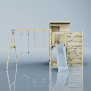 PolarPlay Spielturm Björn mit Schaukel, Rutsche und Kletterwand aus Holz.