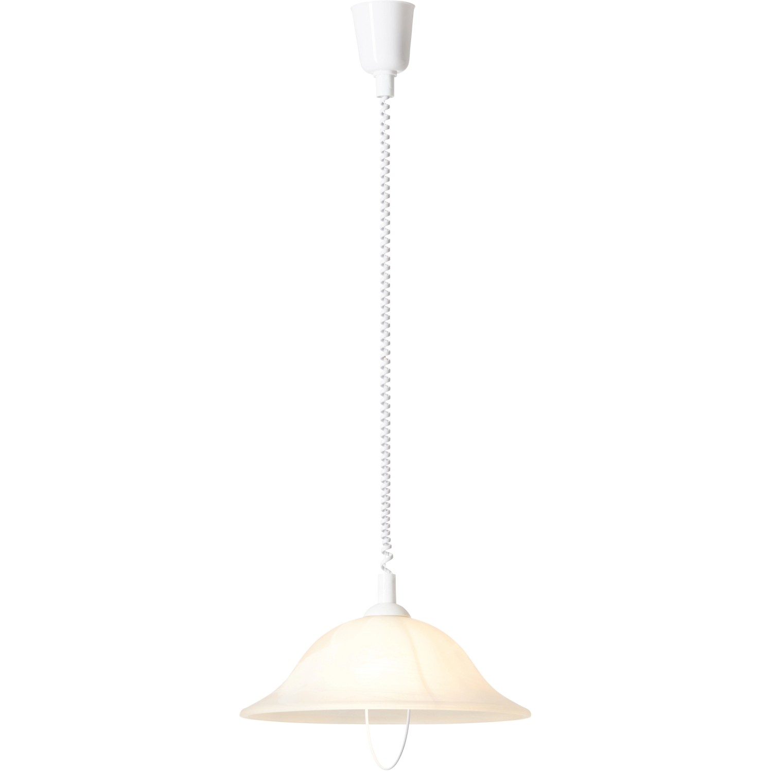 Weiße Brilliant Pendelleuchte Freya mit E27 Fassung, höhenverstellbar bis 180 cm.