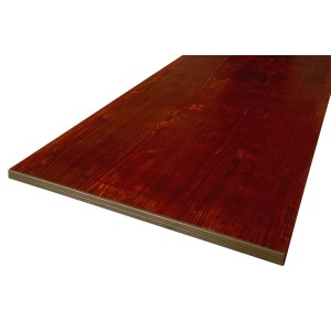 Rote 3-Schicht-Schaltafel mit sichtbarer Holzmaserung und E-Profil-Kantenschutz.