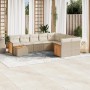 Beige 10-tlg. Garten-Sofagarnitur aus Poly Rattan mit Kissen und Tisch.