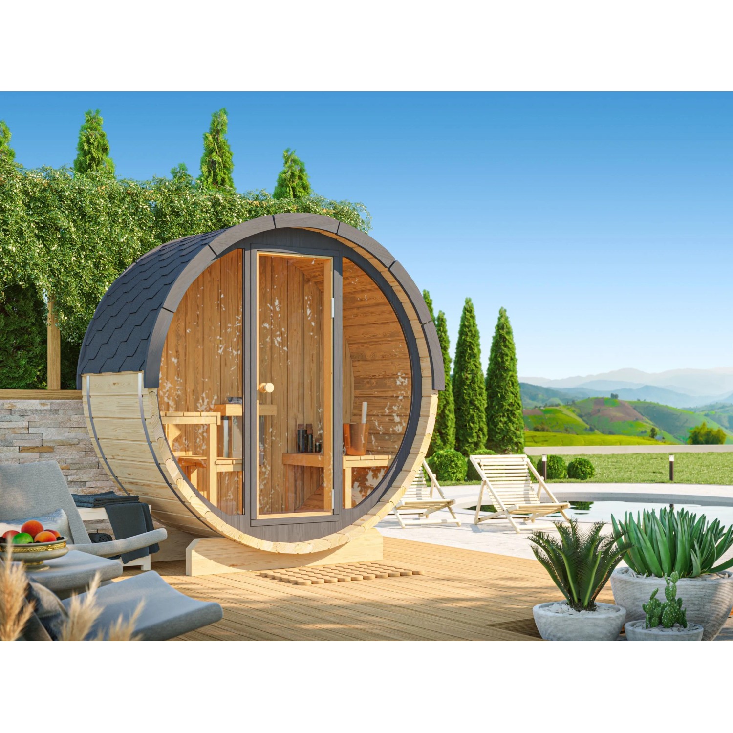 Fjordholz Fass-Sauna Modell Mini 100 mit Vollglasfront Fichte