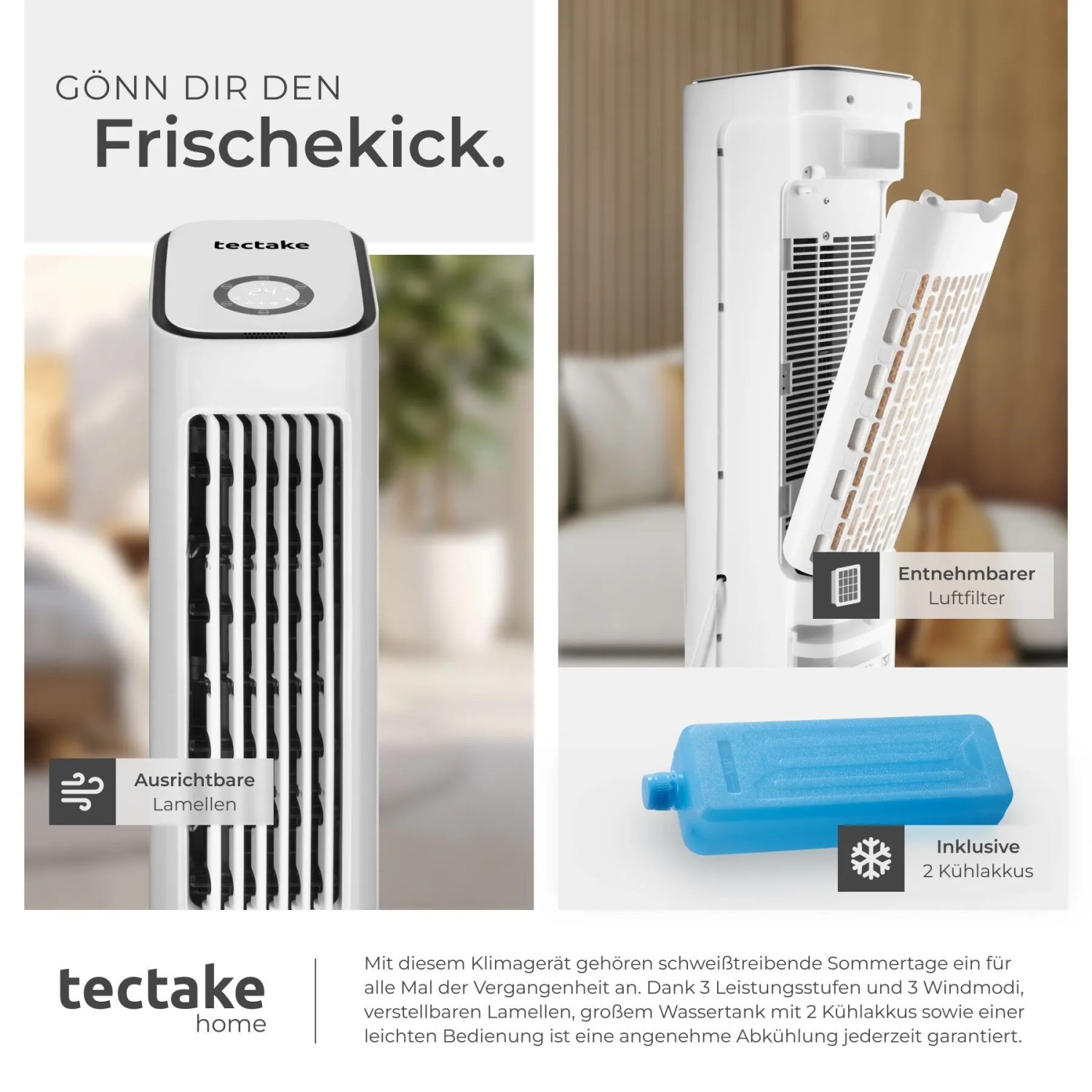 Tectake Luftkühler Alaska, weißes Klimagerät mit Kühlakku und einstellbaren Lamellen.