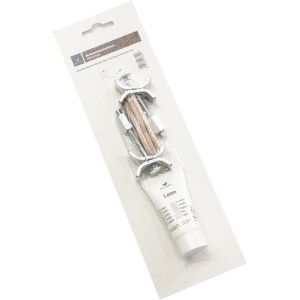 Kaindl Arbeitsplatten Verbinderset mit Leimtube und Holzlamellen in Verpackung.