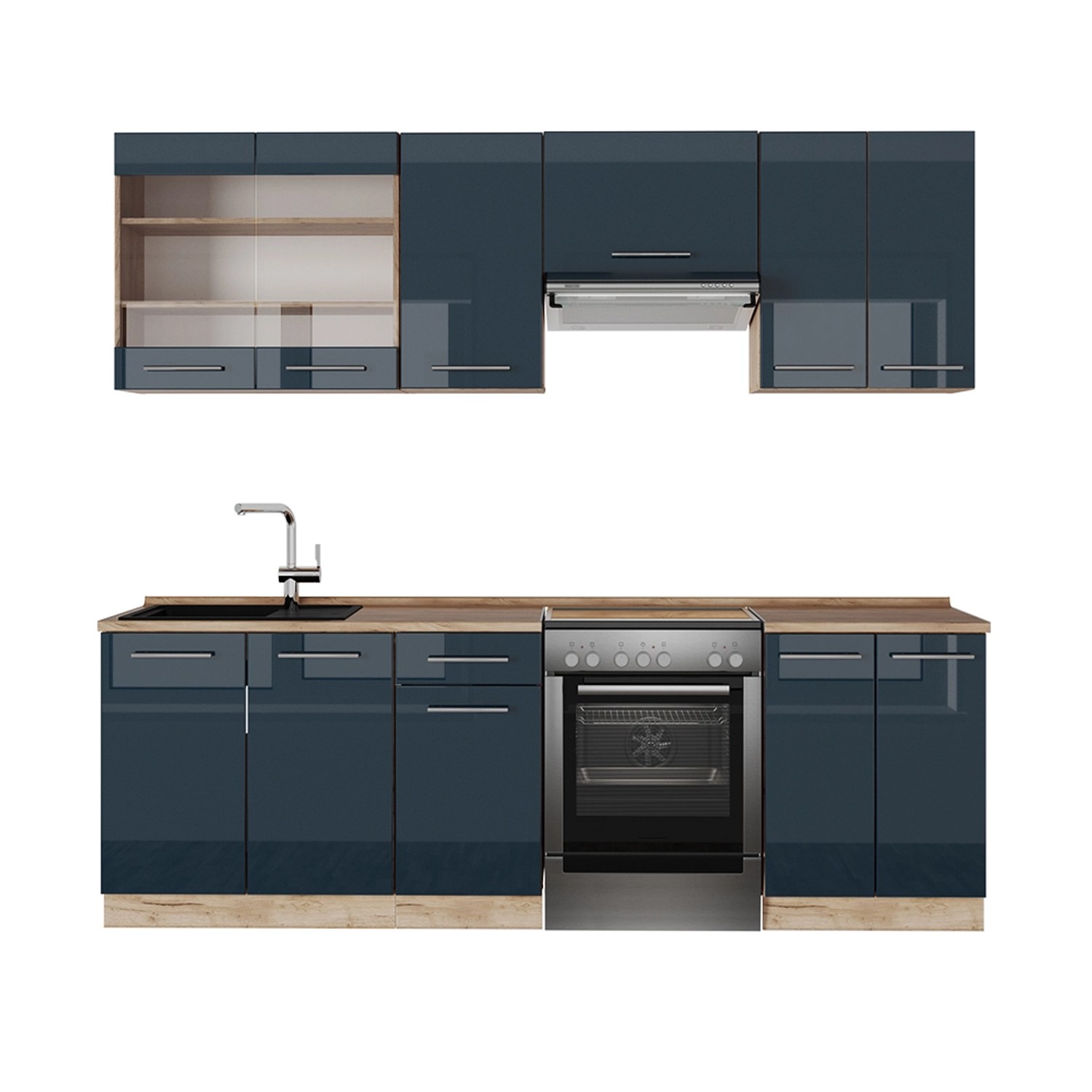 Vicco Fame-Line Küchenzeile Dunkelblau Hochglanz/Goldkraft Eiche 240 cm ohn günstig online kaufen