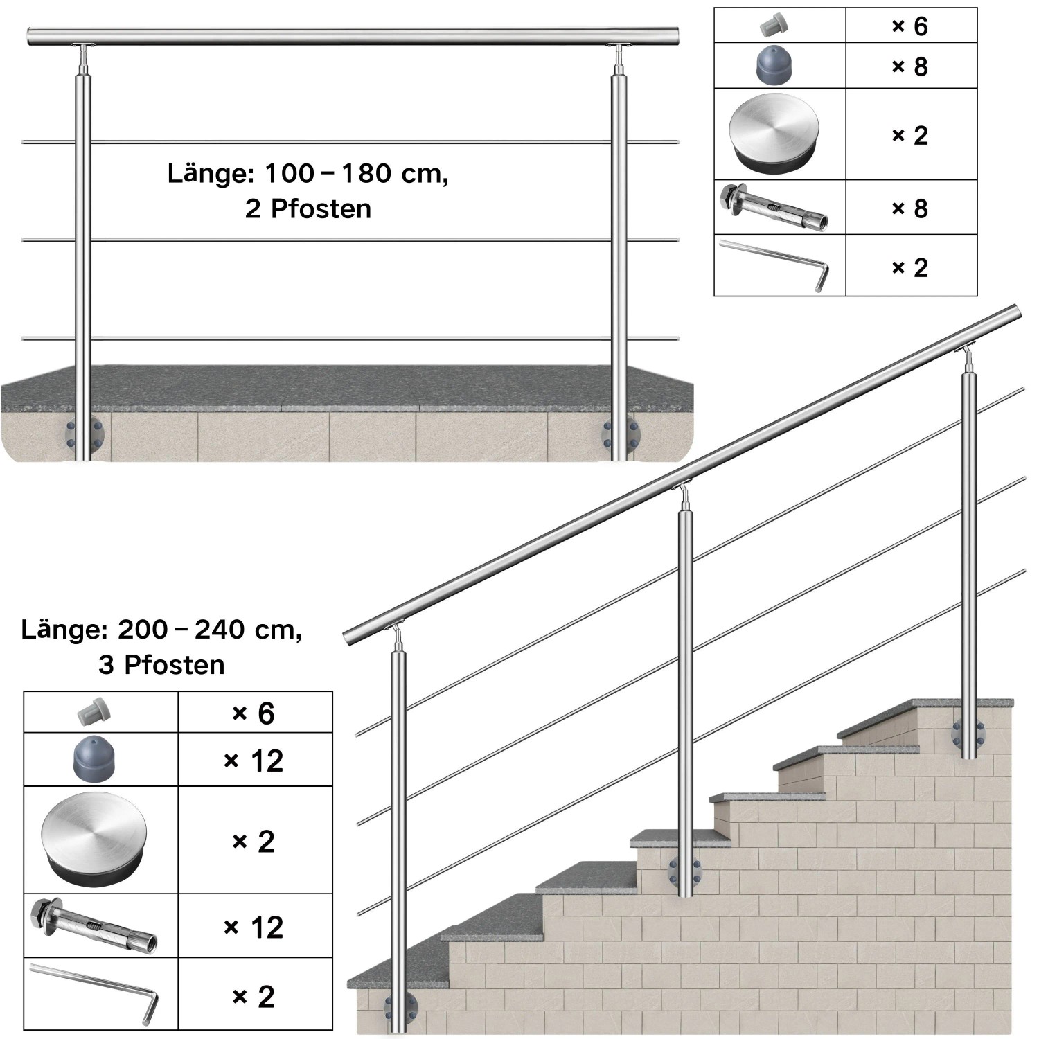 AICA 304 Edelstahl Treppengeländer Set Seitenmontage 200 cm Länge 3 Querstreben_5