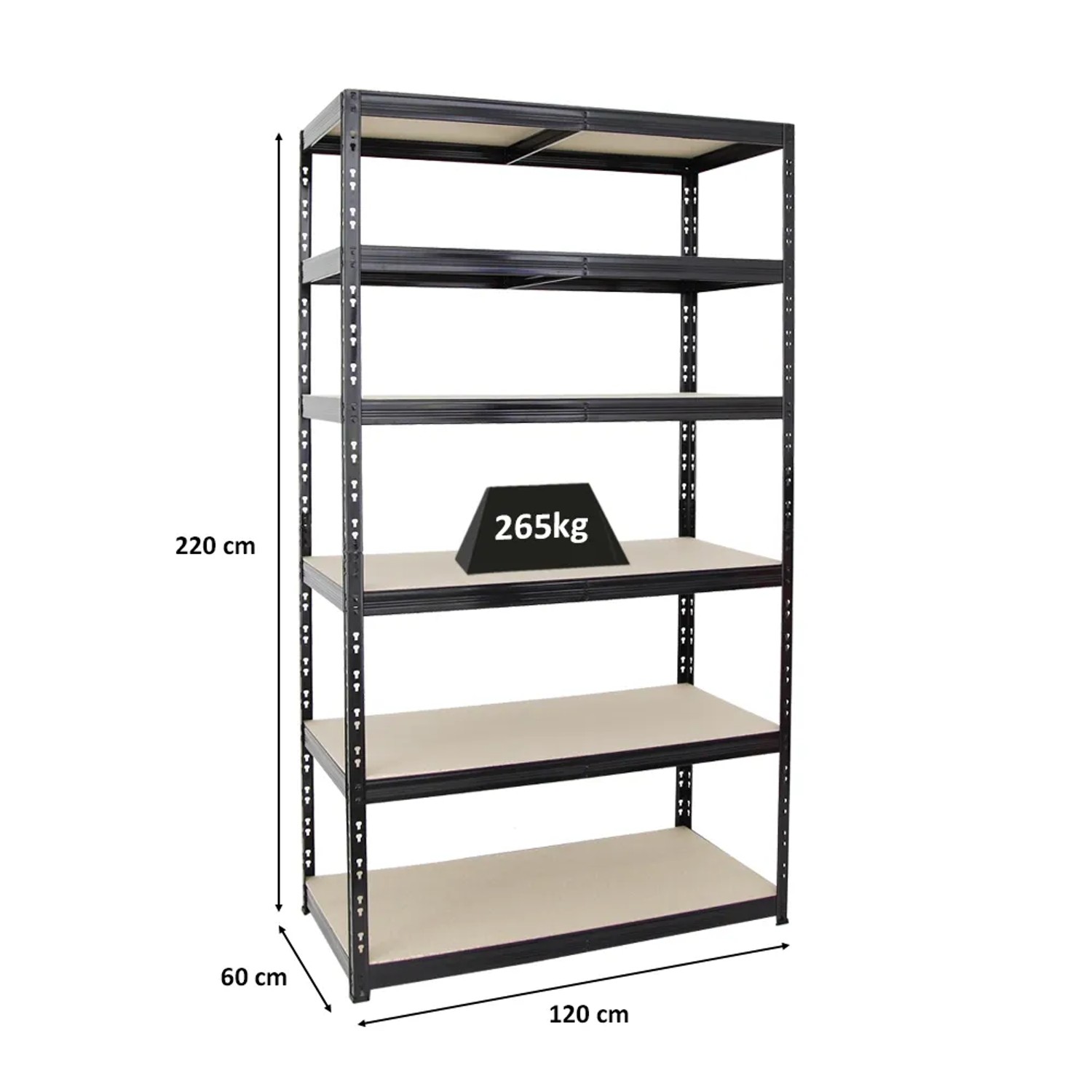 Schwarzes PROREGAL Schwerlastregal Giant Tiger XL mit 6 Ebenen, 220x120x60 cm, Fachlast 265 kg.