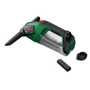 Bosch Akku-Fensterreiniger GlassVac, grün-schwarz, mit abnehmbarem Akku und Zubehör für streifenfreie Reinigung.