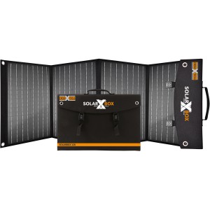 Cross Tools Solarpanel Solarbox 120, zusammengefaltet und aufgeklappt. Camping Zubehör für autarke Stromversorgung.