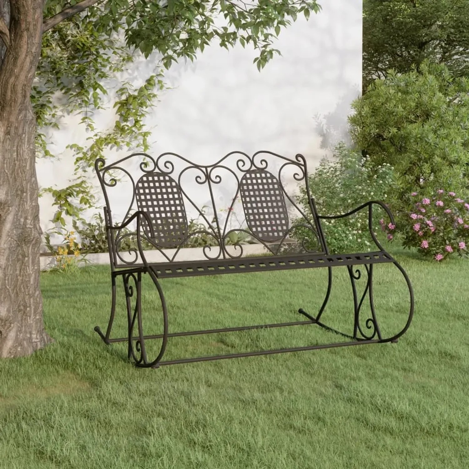 Schwarze furnicato Schaukelbank für 2 Personen aus Stahl, 113 cm breit, im Garten.