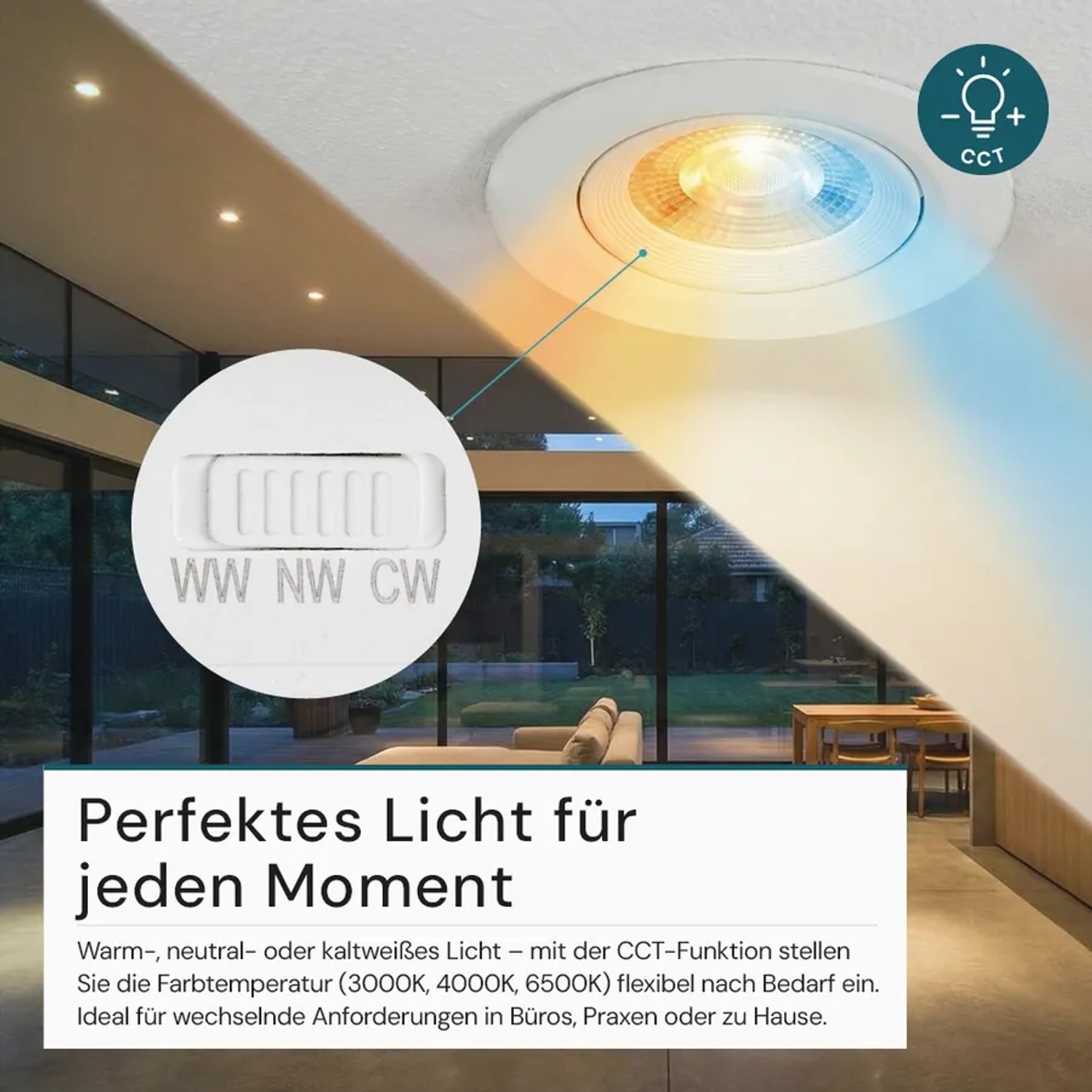 Dimmbarer LED Einbauspot mit Farbwahl (CCT) in Weiß, montiert in einer Decke.