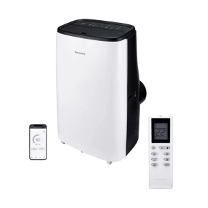 Weiße Honeywell mobile Klimaanlage mit schwarzem Bedienfeld, Fernbedienung und App. Tragbares 3in1 Klimagerät.