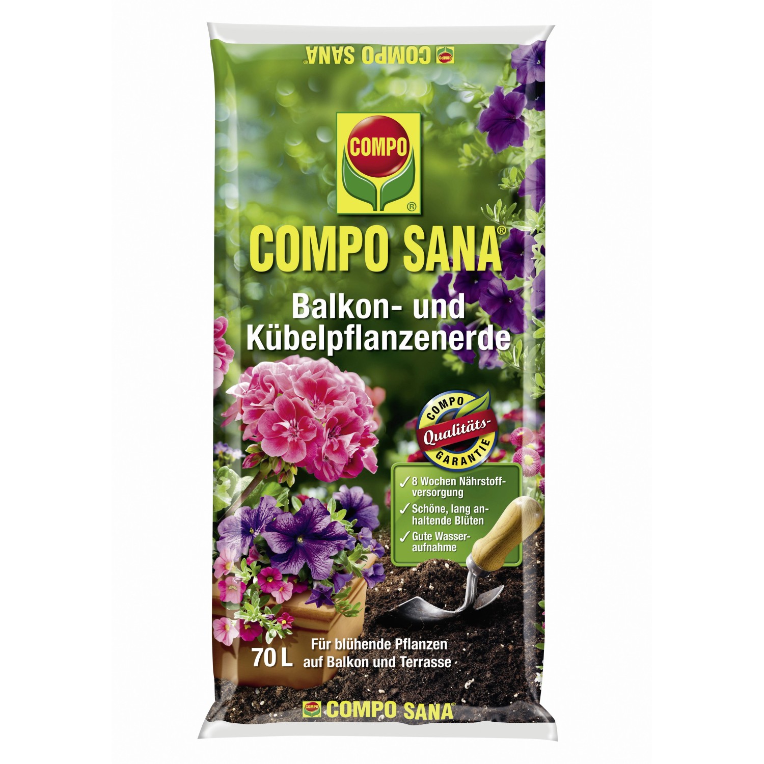 Sack Compo Sana Balkon- und Kübelpflanzenerde, 70L, mit Blumenabbildung.