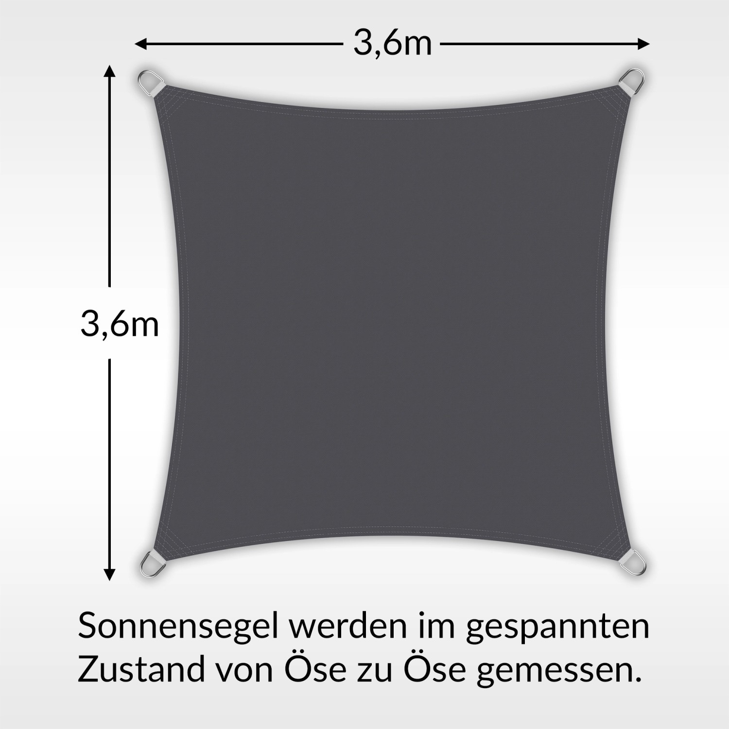 Quadratisches, anthrazitfarbenes Sonnensegel 3,6x3,6m mit UV-Schutz und Ösen.