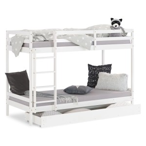 Weißes Homestyle4u Etagenbett aus Kiefernholz mit Leiter, Sicherheitsumrandung und ausziehbarem Bettkasten.