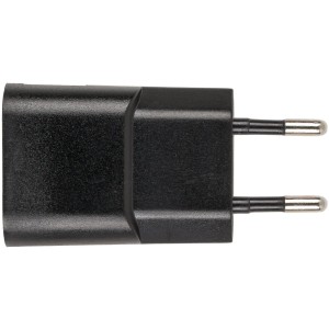 Schwarzer USB-Ladeadapter für 230V Steckdose, kompakt und leicht.