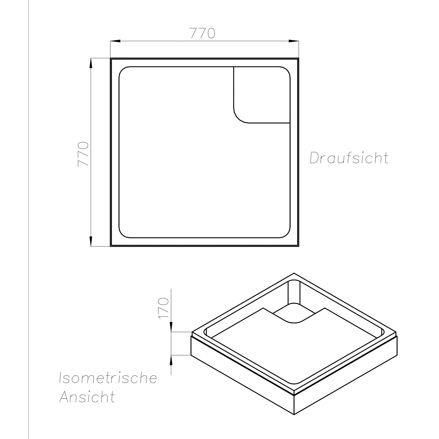 Technische Zeichnung Ottofond Wannenträger Samos für Duschwanne 80x80 cm, Draufsicht und isometrische Ansicht.