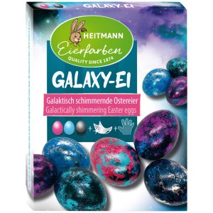Heitmann Galaxy Ei: Ostereierfarben für galaktische Effekte in Pink, Türkis und Schwarz mit Glanzfolien.