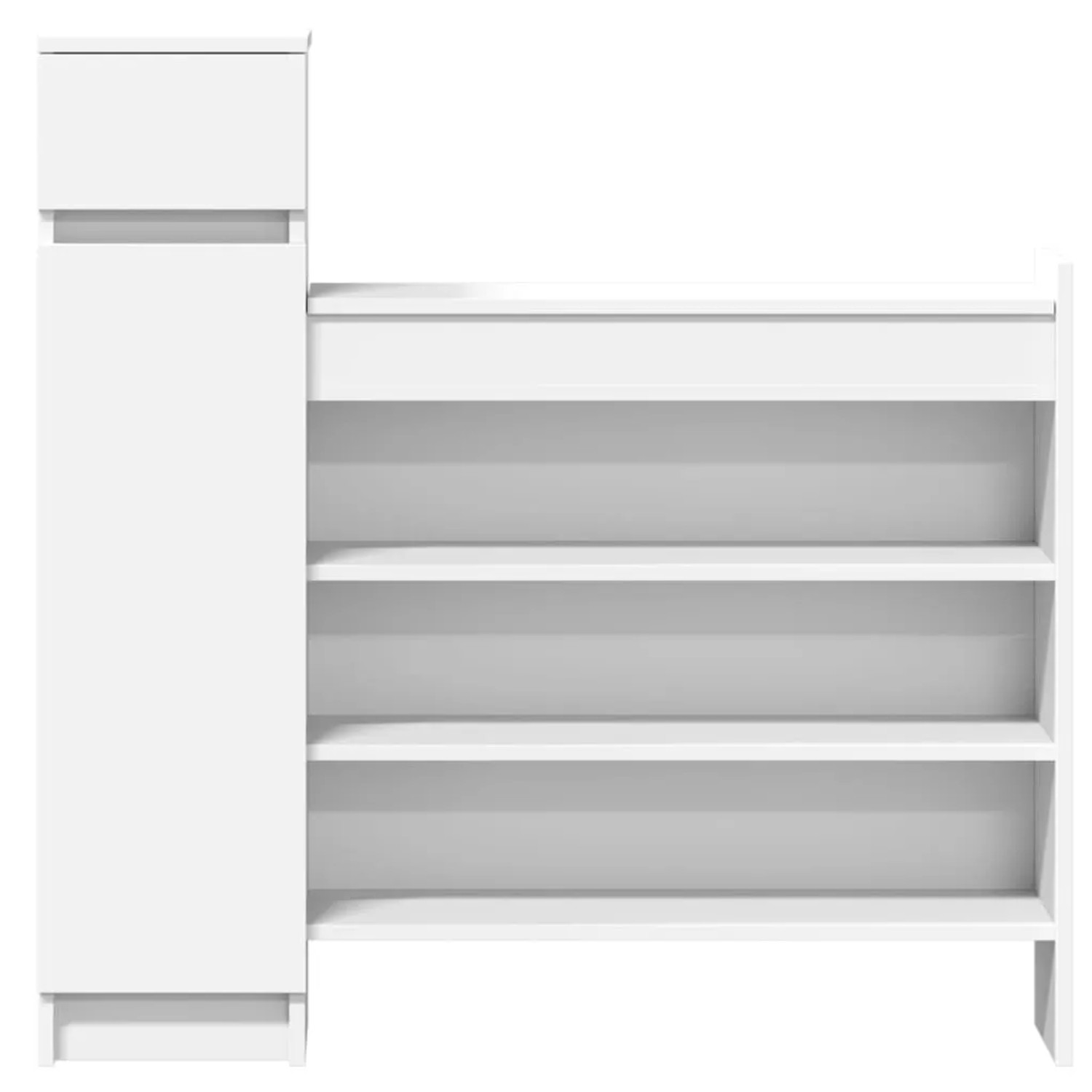 Weißer vidaXL Schuhschrank (100,5x28x100 cm) mit Schublade, Fächern und Ablagen.