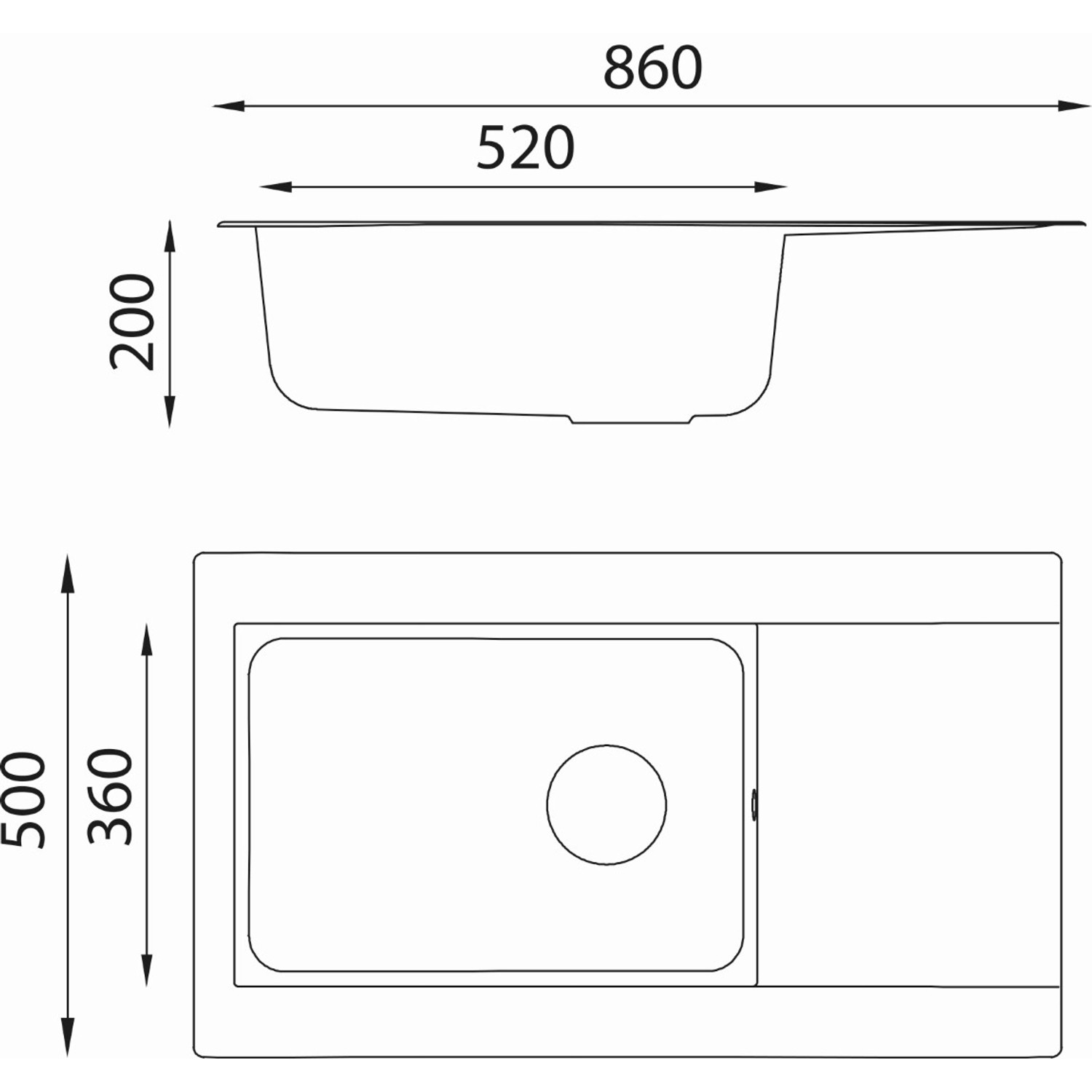 Technische Zeichnung Respekta Mineralite Einbauspüle Denver 86x50 cm, Betongrau, Maße und Ansichten.
