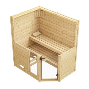 Weka Massivholzsauna Valida Eck mit Glastür, zwei Liegen und Ofen im Sparset.