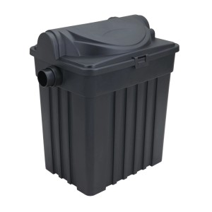 Dunkelgrauer Velda Teichfilterkasten mit Deckel und Anschlussstutzen, Teil eines Teich Filter Sets.