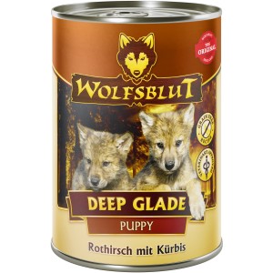 Wolfsblut Deep Glade Puppy Nassfutter mit Rothirsch und Kürbis, Dose mit Welpen-Motiv.