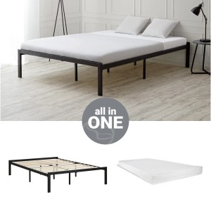 Schwarzes Metallbett 140x200 cm mit Lattenrost und Matratze im Futonstil. Doppelbett für Schlaf- oder Gästezimmer.