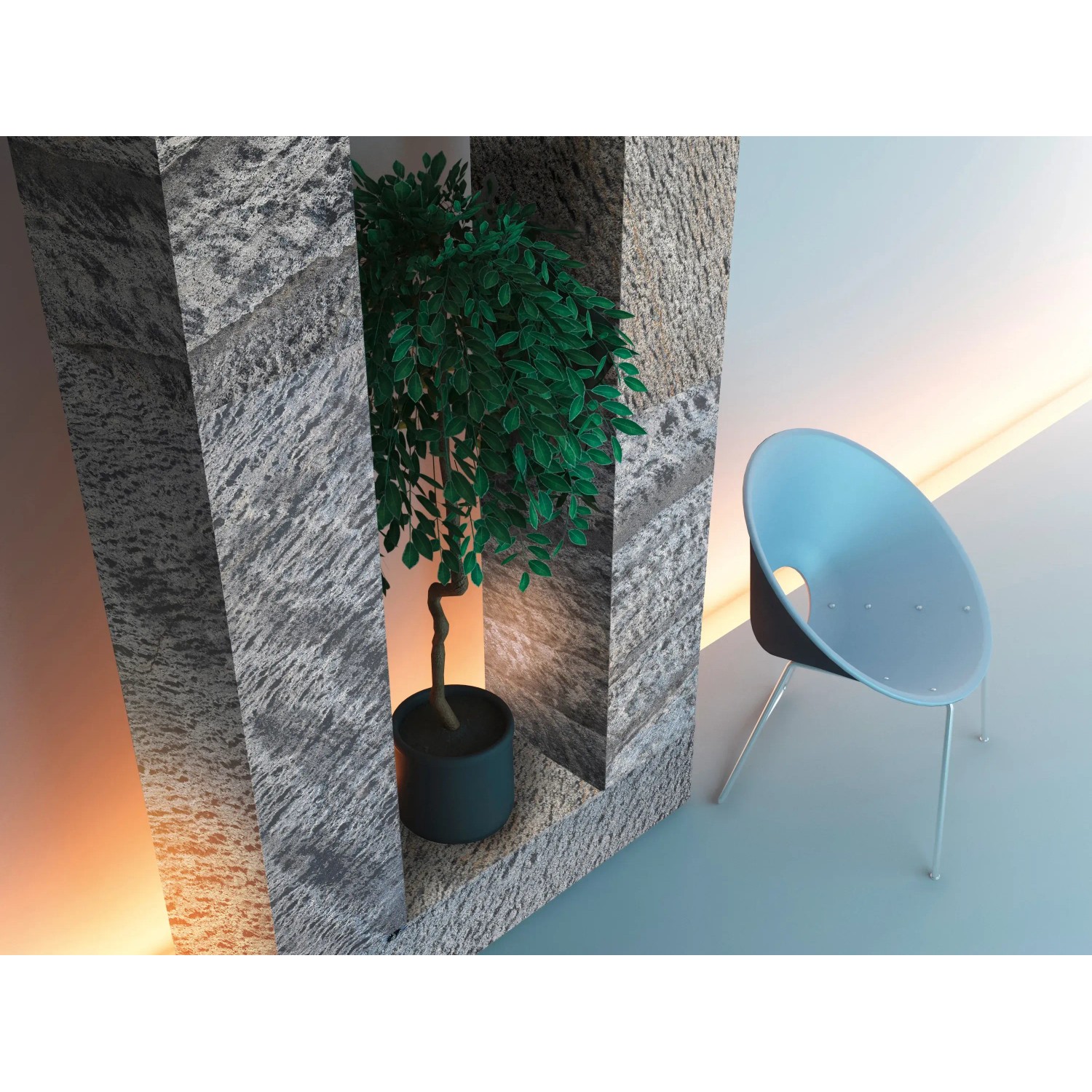 Steinfurnier Galaxie Schwarz 2.0 als Wandverblender mit Pflanze und Stuhl im Raum.