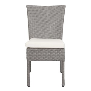 Grauer Poly-Rattan Gartenstuhl mit creme Kissen, 2er Set. Stapelbarer Stuhl für Terrasse und Balkon.